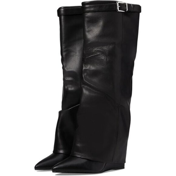 Steve Madden Women Corenne Cuffed Wedge Tall Black Leather Dress Boot NWOB sz 6 - Picture 1 of 15